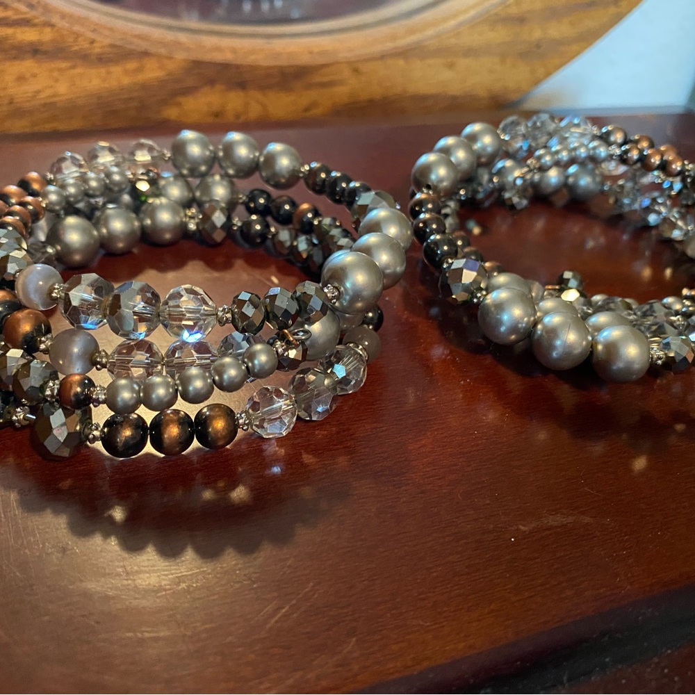 Chico's spiral Silver, crystal and Bronze Beaded Bracelet Set